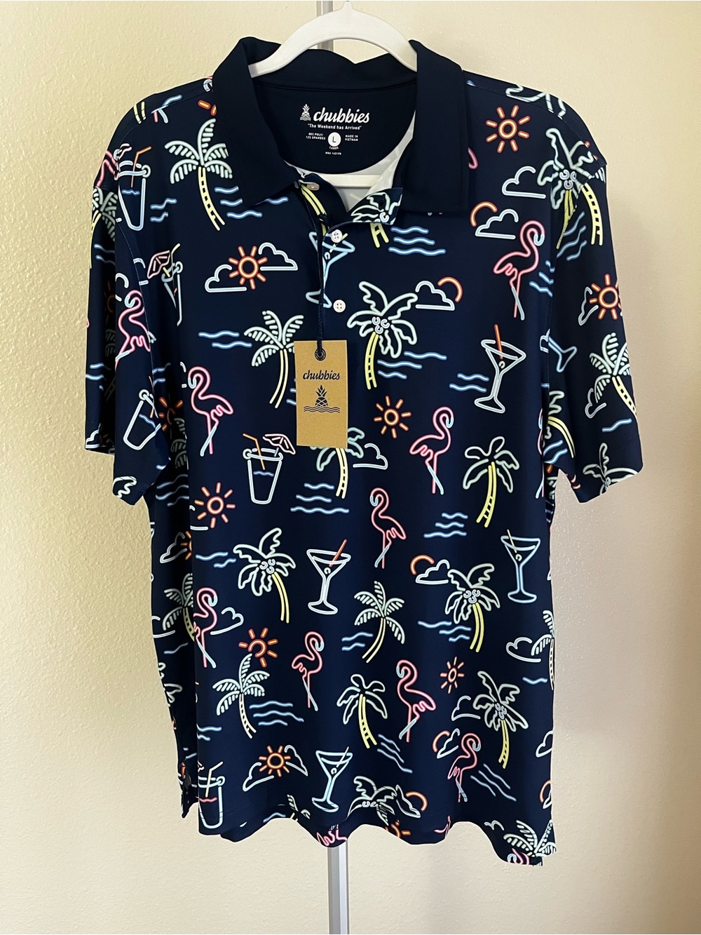 CHUBBIES The Neon Palm Performance Short Sleeve Golf Polo Shirt Navy Size L NWT